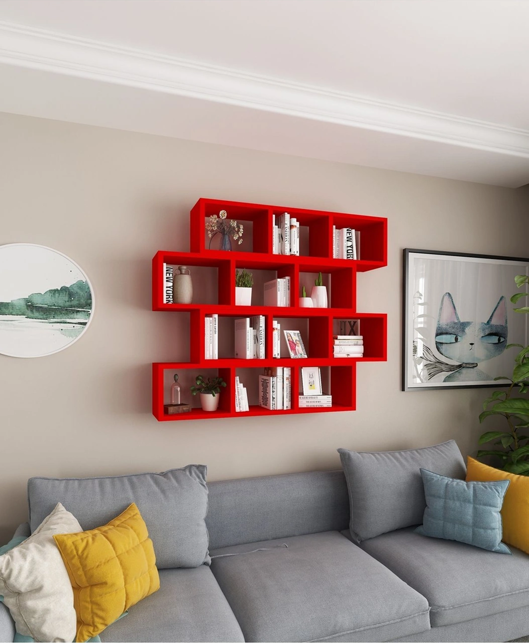 Kitaplık Modern Duvar Rafı Salon Yatay 4 Lü Takım Kırmızı Kırmızı