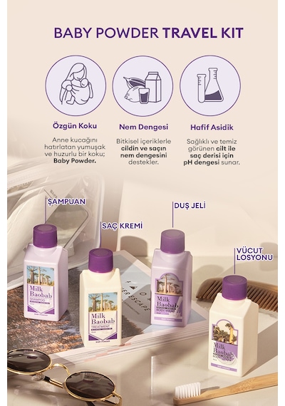 Yoğun Nem Desteği Sunan Saç Ve Vücut Seyahat Seti Mılk Baobab Original Travel Kit Baby Powder
