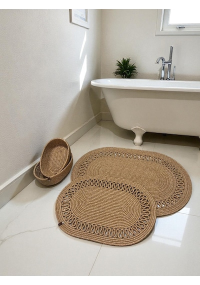 Mavaux Terra 4 Lü Banyo Seti 2 Li Oval Paspas & 2 Li Oval Sepet, Doğal Halat Dokuma, El Yapımı - Premium Hasır