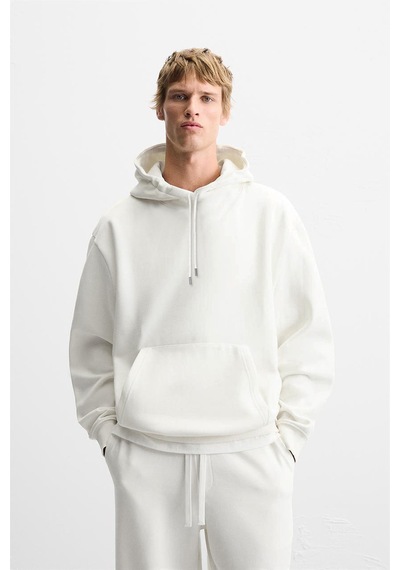 Kanguru Cepli Oversize Kalıp Unisex Düz Hoodie Ekru