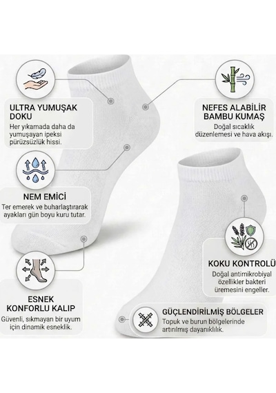Elitse Erkek Bambu Patik Çorap 6'lı Paket, Siyah Beyaz Gri, Nefes Alan Nem Emici Yumuşak Günlük Spor Bilek Çorabı Siyah 6'lı