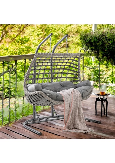 Cunda Çiftli Rattan Bahçe Salıncağı Rehome Balkon Salıncağı Gri