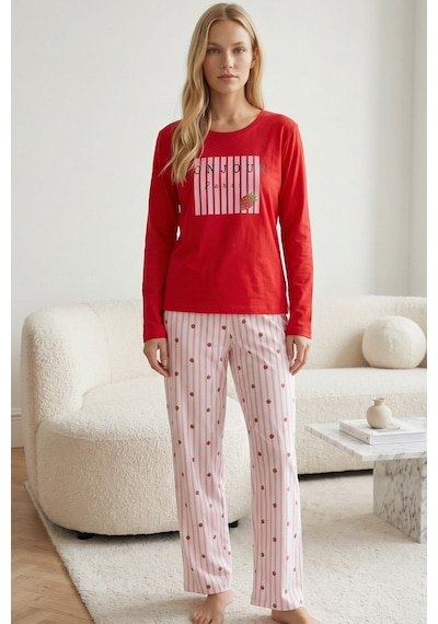 Siyah İnci Pamuklu Likralı Örme Pijama Takım 26240312 Kırmızı