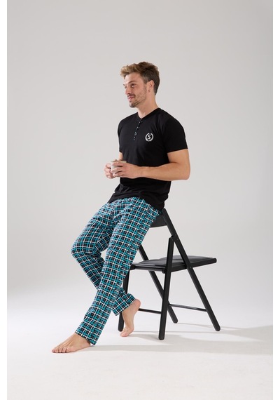 Akbeniz Erkek Düğmeli Yaka Siyah Kısa Kol Pijama Takımı