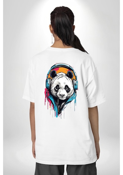 Kulaklık Ayı Panda Beyaz Oversize Unisex Ön Ve Sırt Baskılı Tişört Beyaz