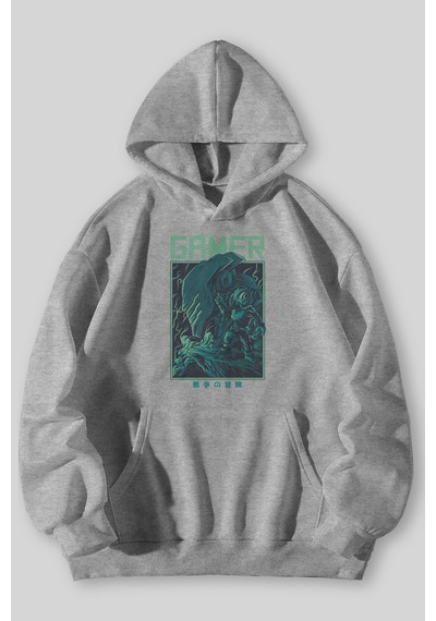 Harmandar Gamer Baskılı Unisex Siyah Gri Kanguru Cepli Kapüşonlu Sweatshirt Hoodie Gri