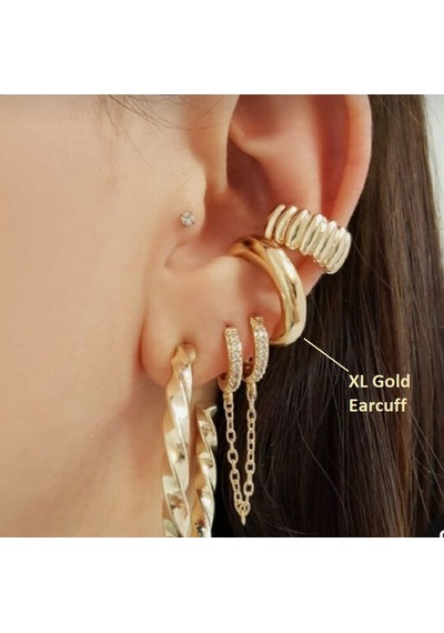 Xl Gold Earcuff Bombeli Halka Kıkırdak Küpesi Geçirmeli Günlük Ku Renkli