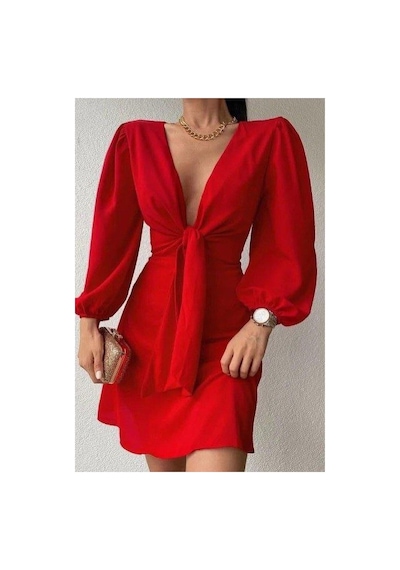 Store Krep Yaka Elbise Kollu Kumaş Balon Kruvaze Kuşaklı Mor - 935897292 Mor
