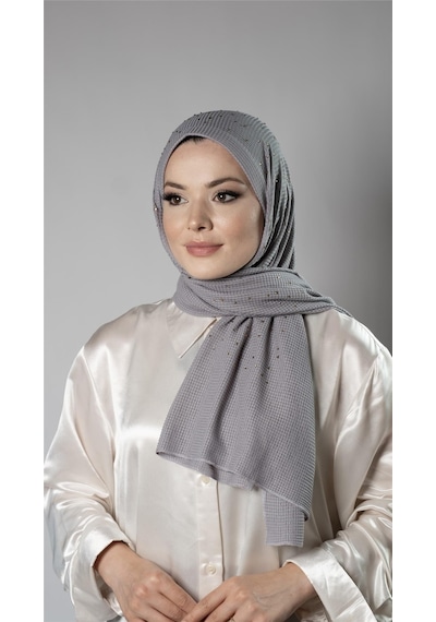 Hürrem Bone Gri Pratik Hazır Geçmeli Tesettür Şal Örme Kumaş Taş Desenli 2118t 15