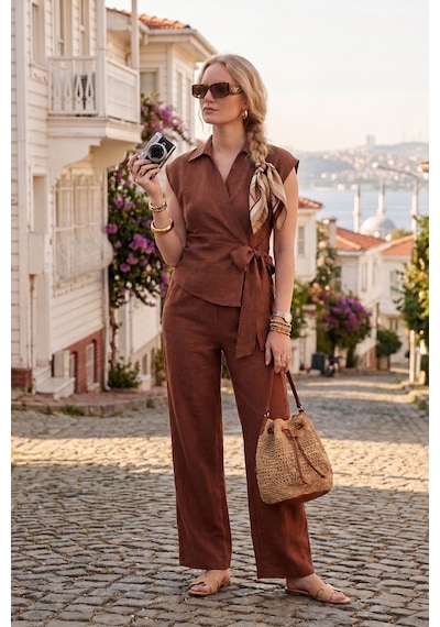 Lela Regular Fit Bağlama Detaylı Kolsuz Takım Bayan Takım 5866787 Kahve