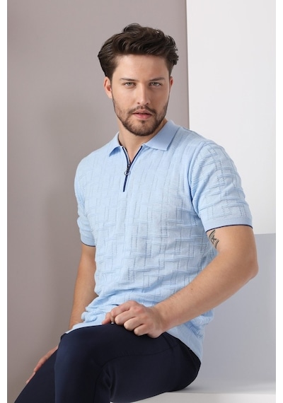 Ferraro Mavi Polo Yaka Fermuarlı Erkek Pamuk Triko T-Shirt-Mavi (417942224) Mavi