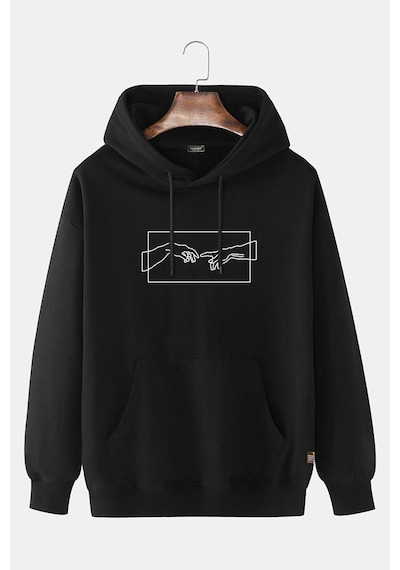 Unisex Siyah Kapüşonlu Adem'in Yaratılışı Baskılı Slim Fit Kanguru Cepli Sweatshirt Siyah