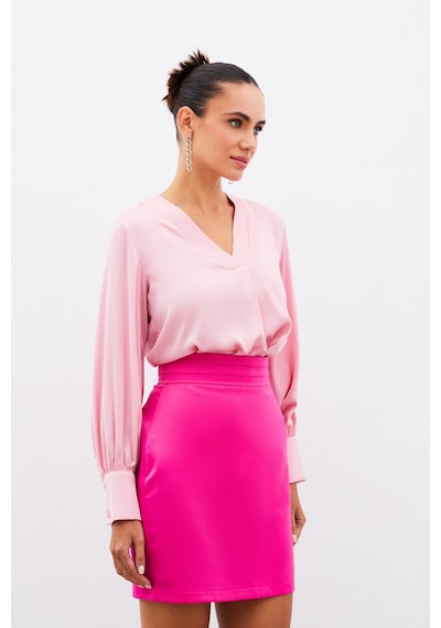 Sateen V Yaka Saten Bluz - Pembe-134907 Pembe