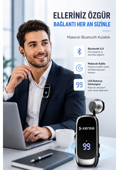 Kensa Makaralı Kulaklık Bluetooth 6.0 20 Saat Konuşma Dijital Ekran Titreşimli Hızlı Şarjlı
