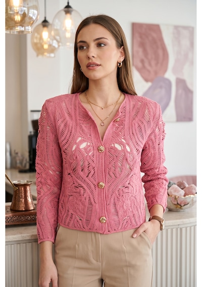Sayzen Your Shine Dantel Desenli Gold Düğmeli Basic Ceket Gül