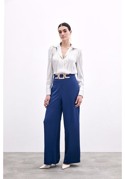 Sateen Bel Kemerli Saten Krep Pantolon - Lacivert-135973 Lacivert