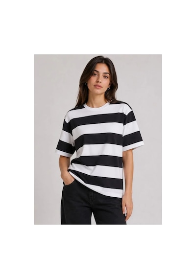 Butik İstanbul Çizgili Oversize Tişört Bisiklet Yaka Kısa Kol Yazlık T-shirt - Siyah
