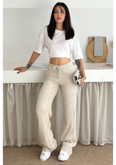 Noa & Noa Kadın Bol Paça Sardonlu Kalın Pantolon Kışa Özel & Konforlu Stil Bej