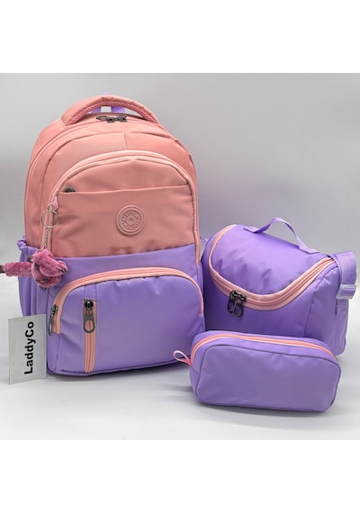 Suya Dayanıklı İlk Okul Çantası 3'lü Seti Unisex Çocuk İlkokul Çantası Ldc-8010 Pudra-lila Purple