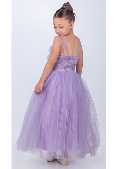 Mnk Baby & Kids Sapes Model Sırt Gipeli Tüllü Kız Çocuk Askılı Saten Abiye Mnk0618 Lila
