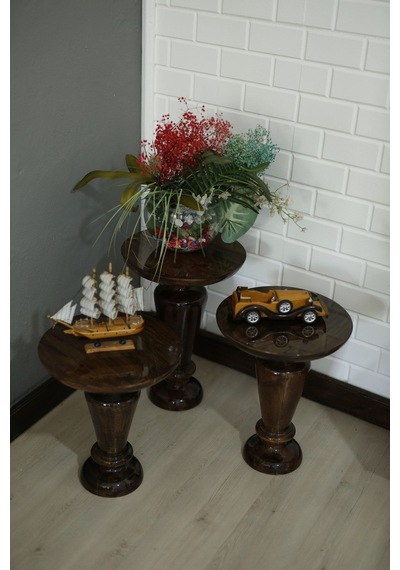 Wood Wooden 3 Lü Set Fitilli Mantar Yan Sehpa Modern Ceviz Renk Fiskos Ceviz