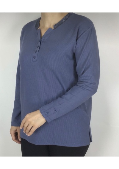 Yakası Taşlı Ve Düğmeli Spor Anne Bluz Mavi