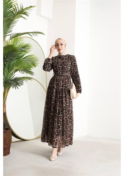 Neşeli Butik Kadın Kemerli Leopar Desenli Tesettür Şifon Elbise Sms014 Siyah