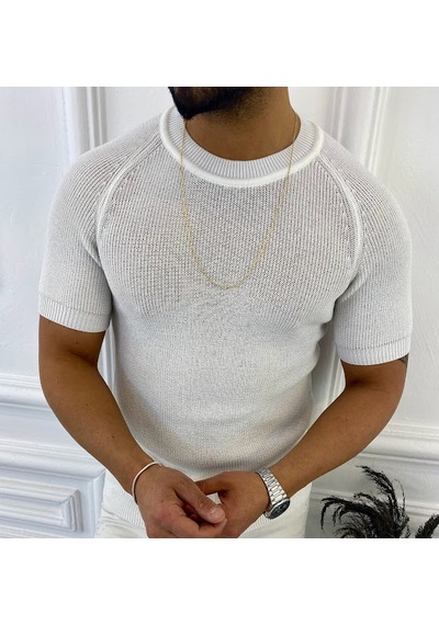 Örme Triko Tişört Kısa Kollu Triko Slim Fit Dar Kesim T-shirt Beyaz