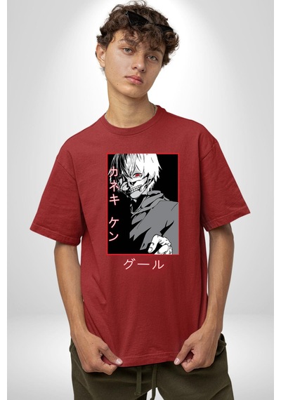 Kaneki Ken Kuma Japon Anime Şeytan Pamuklu Bisiklet Yaka Unisex Oversize Boyfriend Dijital Baskılı Kırmızı T-shirt Kırmızı