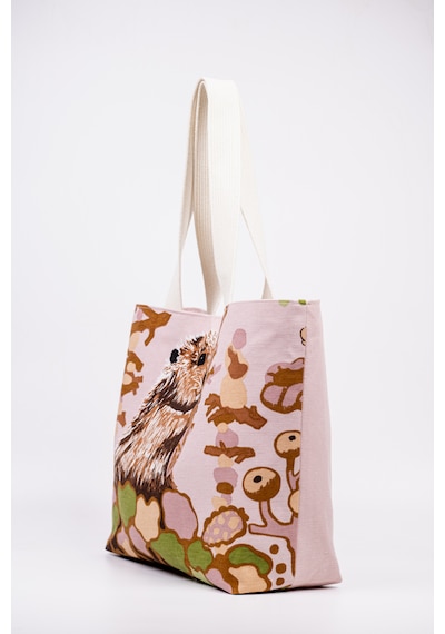 Fabric Craft Bag Omuz Çanta Desenli Keten Pembe - Yeşil