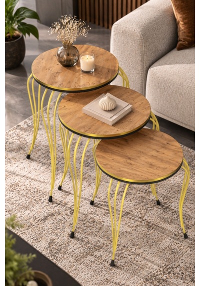 Sulorahome Lükens Ayaklı Çam Desenli 3'lü Zigon Sehpa Takımı Atlantik Çam