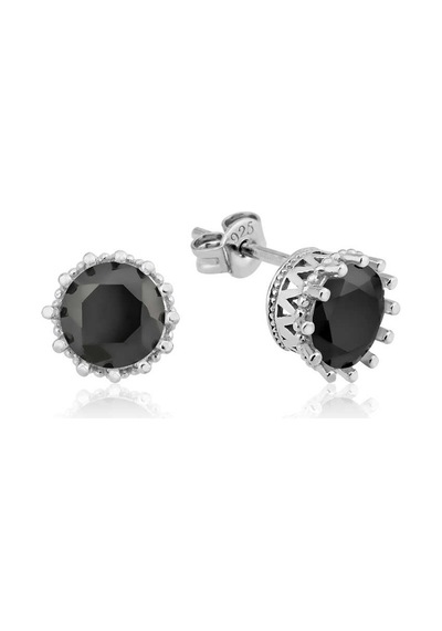 Gümüş Tırnaklı Siyah Tek Taş Küpe 14 MM-Gümüş