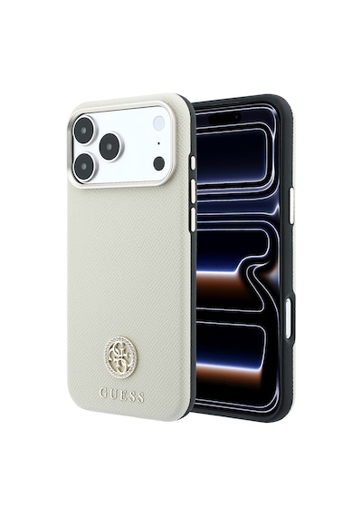 Apple iPhone Uyumlu 18 Pro Max Kılıf Guess Lisanslı M-safe Özellikli Pu Taşlı Metal 4g Ve Yazı Logolu Kapak Bej
