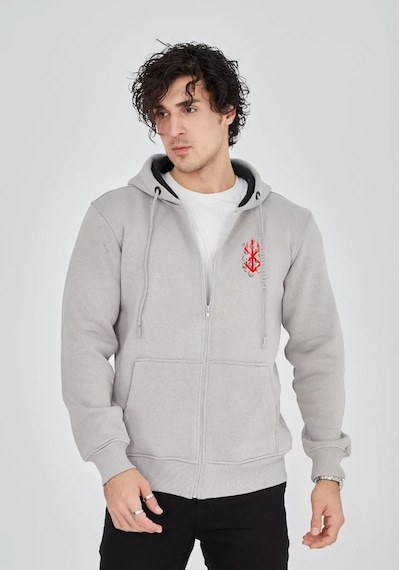 Unisex Baskılı Tam Fermuarlı Kapşonlu Sweatshirt - Boyalı Gri 001
