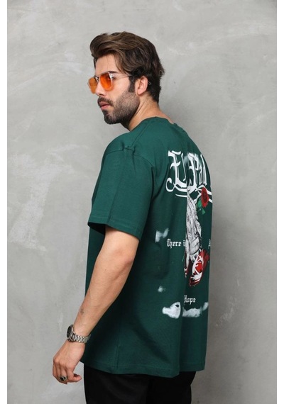 Bisiklet Yaka Baskılı Oversize T-shirt - Yeşil -