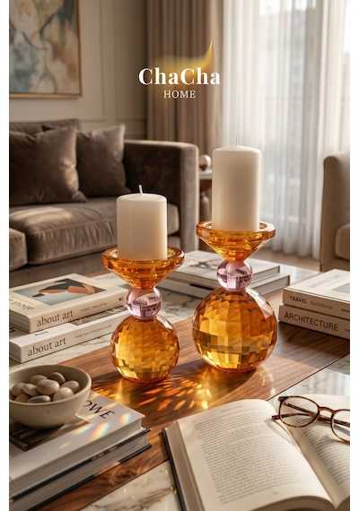 Chacha Home Crsyball Renkli Kristal Mumluk - Dekoratif Cam Şamdan- Küçük Boy - 15x25 Cm Turuncu