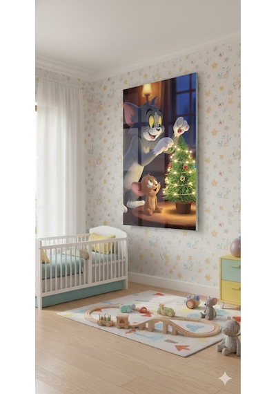 Tom Ve Jerry Yılbaşı Temalı Cam Tablo Çocuk Odası & Salon Dekorasyonu, Dekoratif Duvar Tablosu