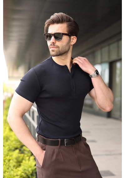 Madmext Lacivert Yarım Düğmeli Slim Fit Erkek Tişört E7186