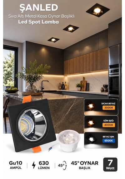7w 3 Renkli Sıva Altı Kare Metal Siyah Krom Kasa Oynar Başlıklı Gu10 Led Spot 2 Adet Siyah - Krom