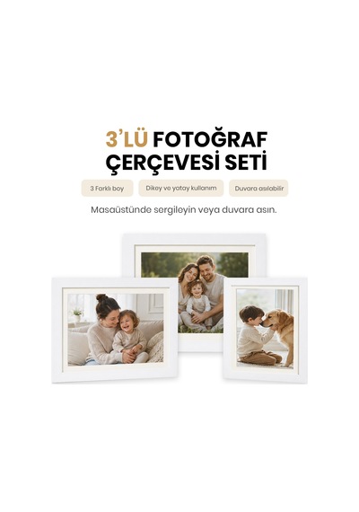 Vusıgn Mdf Beyaz Masaüstü Ve Duvar Askılı Fotoğraf Çerçevesi 3'lü Set
