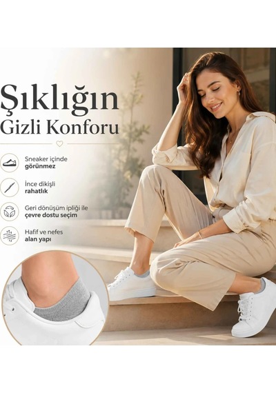 Genel Erkek Geri Dönüşüm İplikli 12 Li Görünmez Sneaker Çorap, İnce Dikişli, Nefes Ala Gri 12'li / 39-44