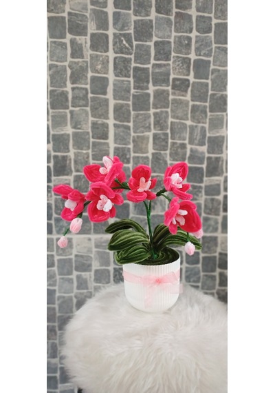 Yapay Saksılı Çiçek - Saksılı Orkide - Hediye Çiçek, Anneler Günü, Doğum Günü Çiçeği -35 Cm Fuşya