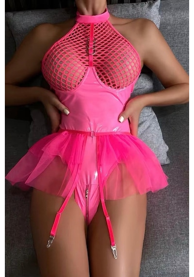 Bikini Mayokini Dünyası Etekli Latex Bodysuit - Neon-pembe