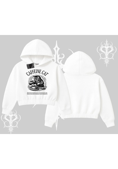 Startmore Kapşonlu Crop Sweatshirt Caffeine Cat Kahve Temalı Kedi Baskılı Beyaz
