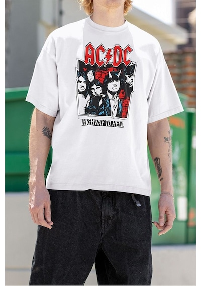 Müzik Grubu Rock Metal Highway To Hell Baskılı Unisex Tişört, Ove Beyaz