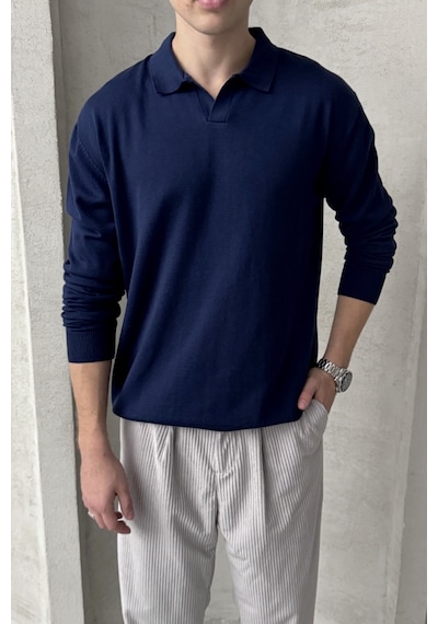 Erkek Pamuklu Polo Yaka Oversize Triko Kazak Lacivert