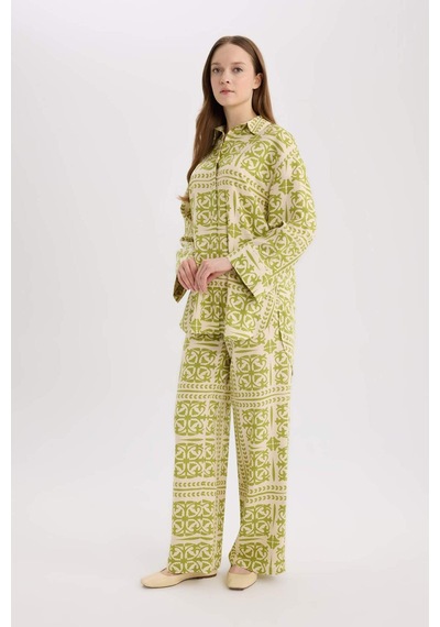 DeFacto Relax Fit Desenliı Keten Karışımlı Uzun Kollu Tesettür Gömlek Tunik D8184AX25SPGN698
