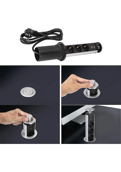 Xtechnx Xtechn246539 Vea Ve-24062 Üçlü 1.5 Metre Kablolu İki Usb Li 60mm Masaüstü Priz 1.5 M