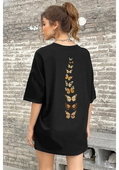 Unisex Sırt Kral Kelebek Baskılı T-shirt Siyah
