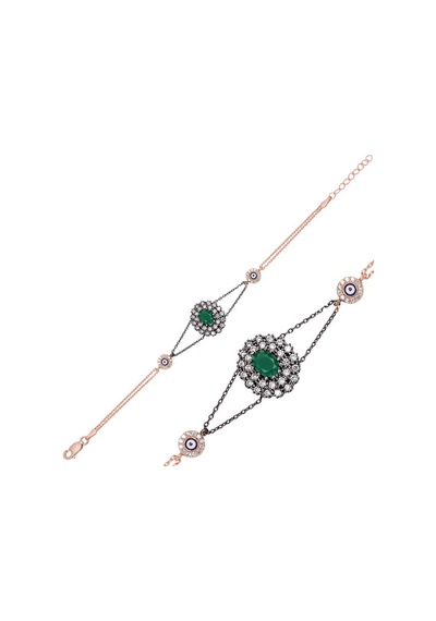 Gümüş Rose Mat Yeşil Taşlı Otantik Bileklik 925 Ayar